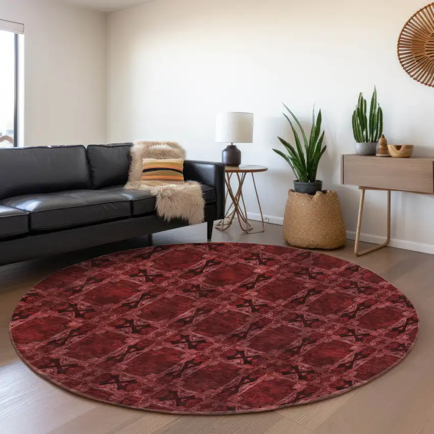 8' Burgundy Red And Gray Floral Medallion Washable Round Rug With UV Protection Photo 5