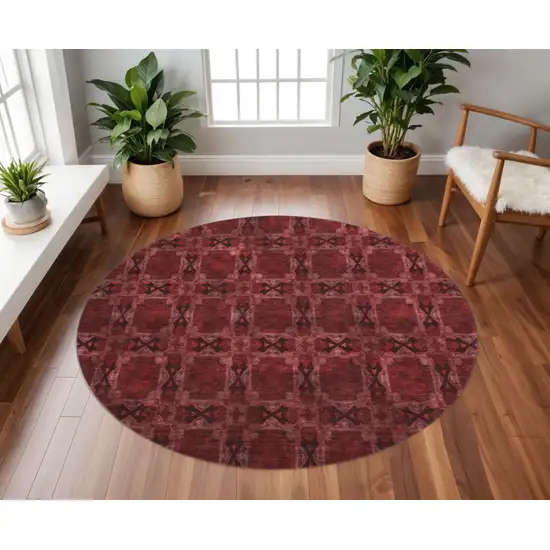 8' Burgundy Red And Gray Floral Medallion Washable Round Rug With UV Protection Photo 2