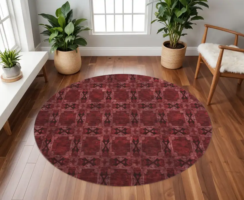 8' Burgundy Red And Gray Floral Medallion Washable Round Rug With UV Protection Photo 2