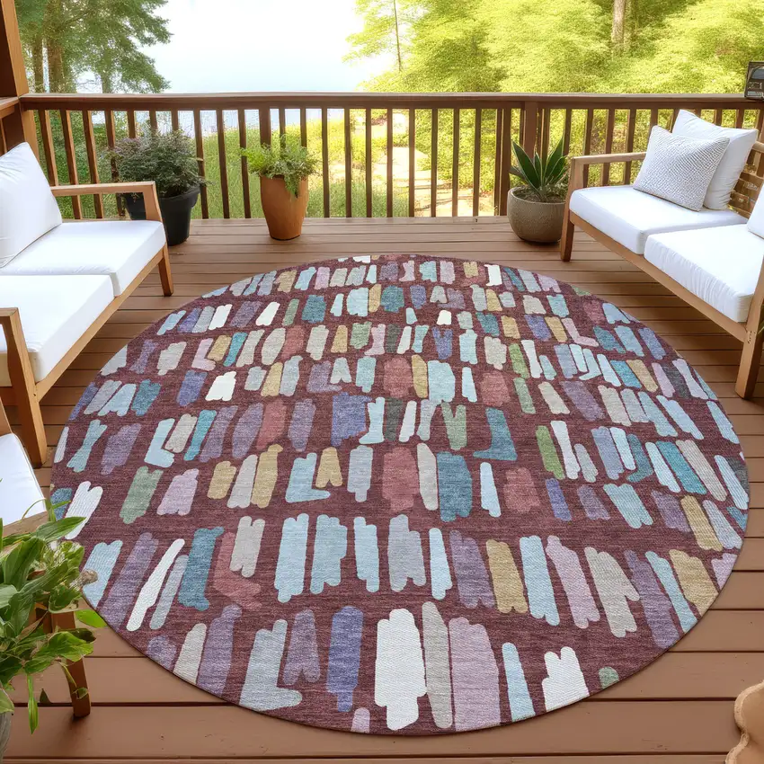 8' Burgundy Teal Blue And Green Round Striped Washable Indoor Outdoor Area Rug Photo 4