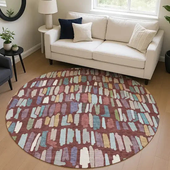 8' Burgundy Teal Blue And Green Round Striped Washable Indoor Outdoor Area Rug Photo 5