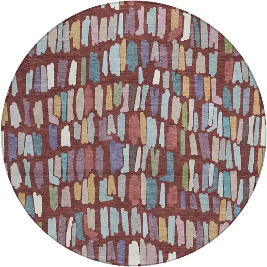 8' Burgundy Teal Blue And Green Round Striped Washable Indoor Outdoor Area Rug Photo 1