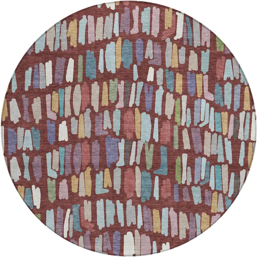 8' Burgundy Teal Blue And Green Round Striped Washable Indoor Outdoor Area Rug Photo 1