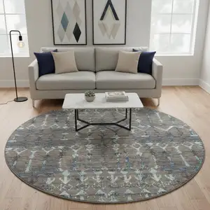 Photo of 8' Burnished Brown And Blue Tribal Washable Round Rug With UV Protection