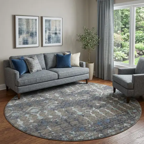 8' Burnished Brown And Blue Tribal Washable Round Rug With UV Protection Photo 1