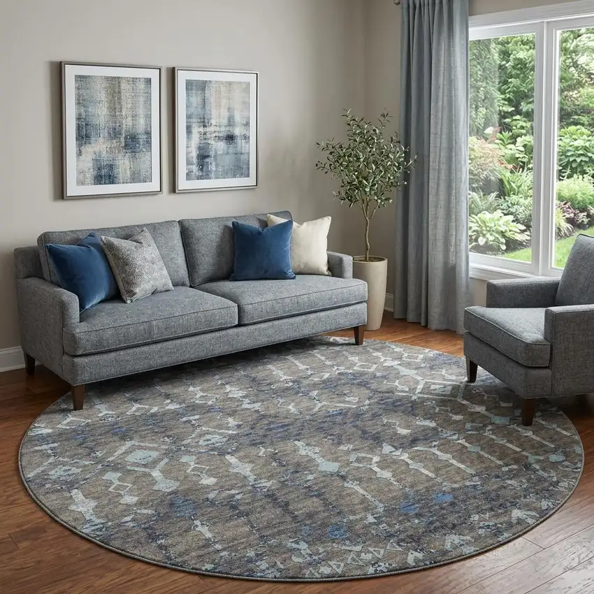 8' Burnished Brown And Blue Tribal Washable Round Rug With UV Protection Photo 1
