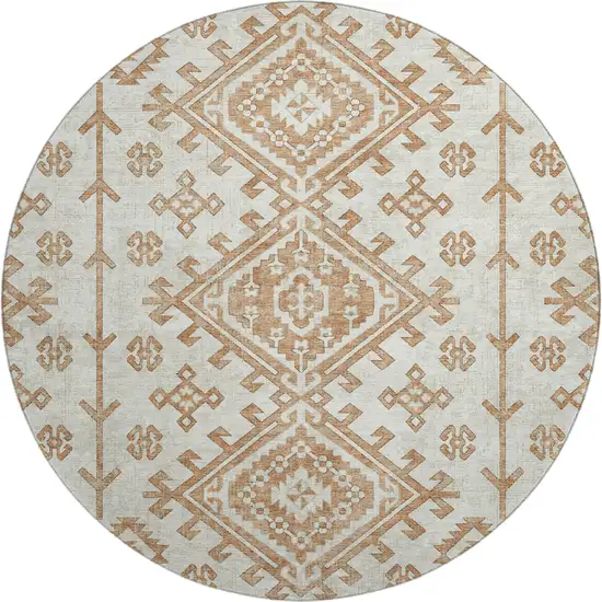 8' Burnt Sienna And Beige Geometric Washable Round Rug With UV Protection Photo 2