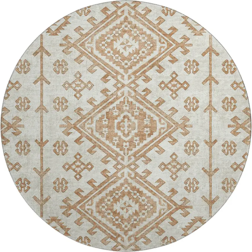 8' Burnt Sienna And Beige Geometric Washable Round Rug With UV Protection Photo 2