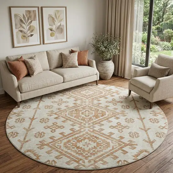 8' Burnt Sienna And Beige Diamond Distressed Washable Round Rug With UV Protection Photo 1