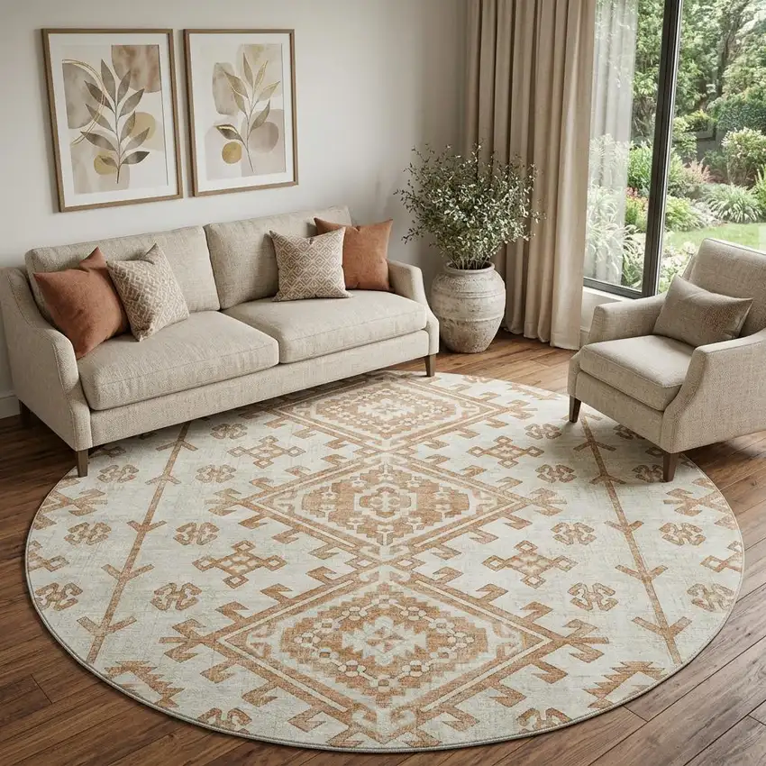 8' Burnt Sienna And Beige Diamond Distressed Washable Round Rug With UV Protection Photo 1