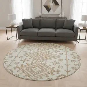 Photo of 8' Burnt Sienna And Beige Geometric Washable Round Rug With UV Protection