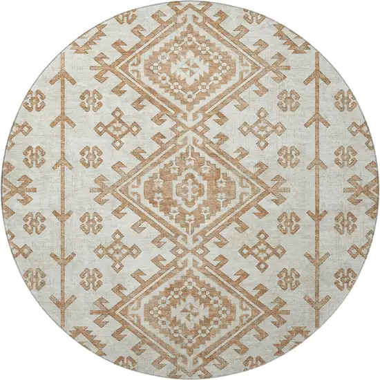 8' Burnt Sienna And Beige Geometric Washable Round Rug With UV Protection Photo 4