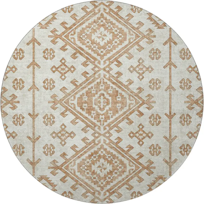 8' Burnt Sienna And Beige Geometric Washable Round Rug With UV Protection Photo 4