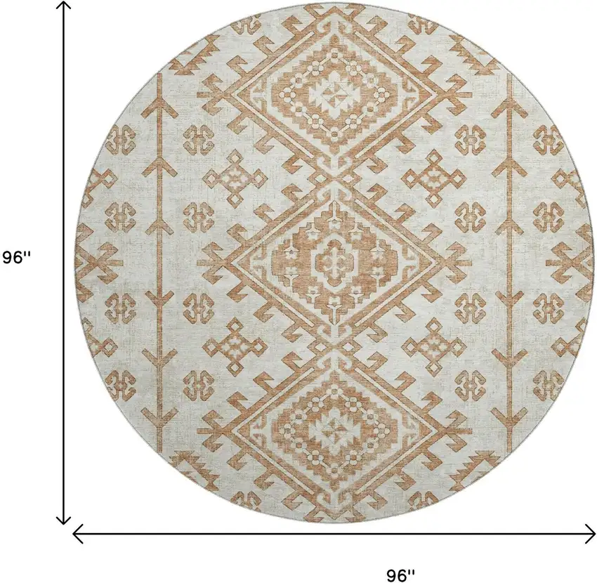 8' Burnt Sienna And Beige Geometric Washable Round Rug With UV Protection Photo 3