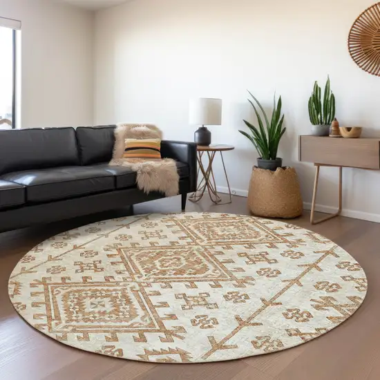 8' Burnt Sienna And Beige Geometric Washable Round Rug With UV Protection Photo 5