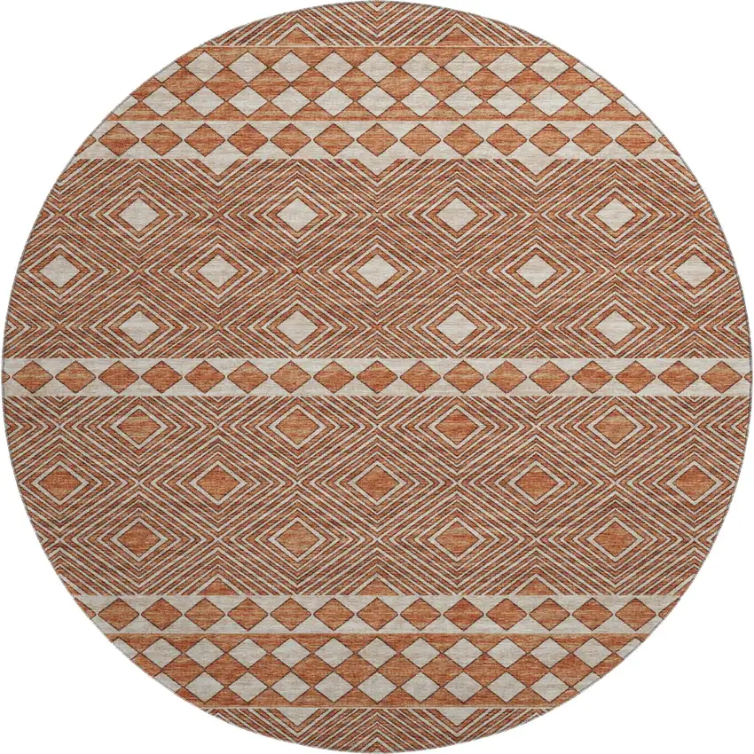 8' Burnt Sienna And Ivory Geometric Washable Round Rug With UV Protection Photo 2