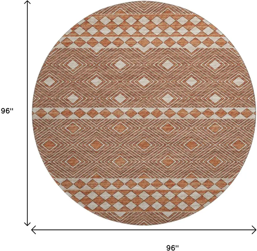 8' Burnt Sienna And Ivory Geometric Washable Round Rug With UV Protection Photo 3
