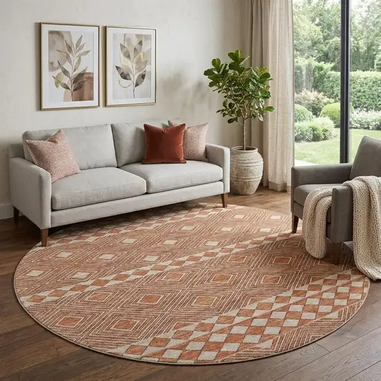 8' Burnt Sienna And Ivory Geometric Washable Round Rug With UV Protection Photo 1