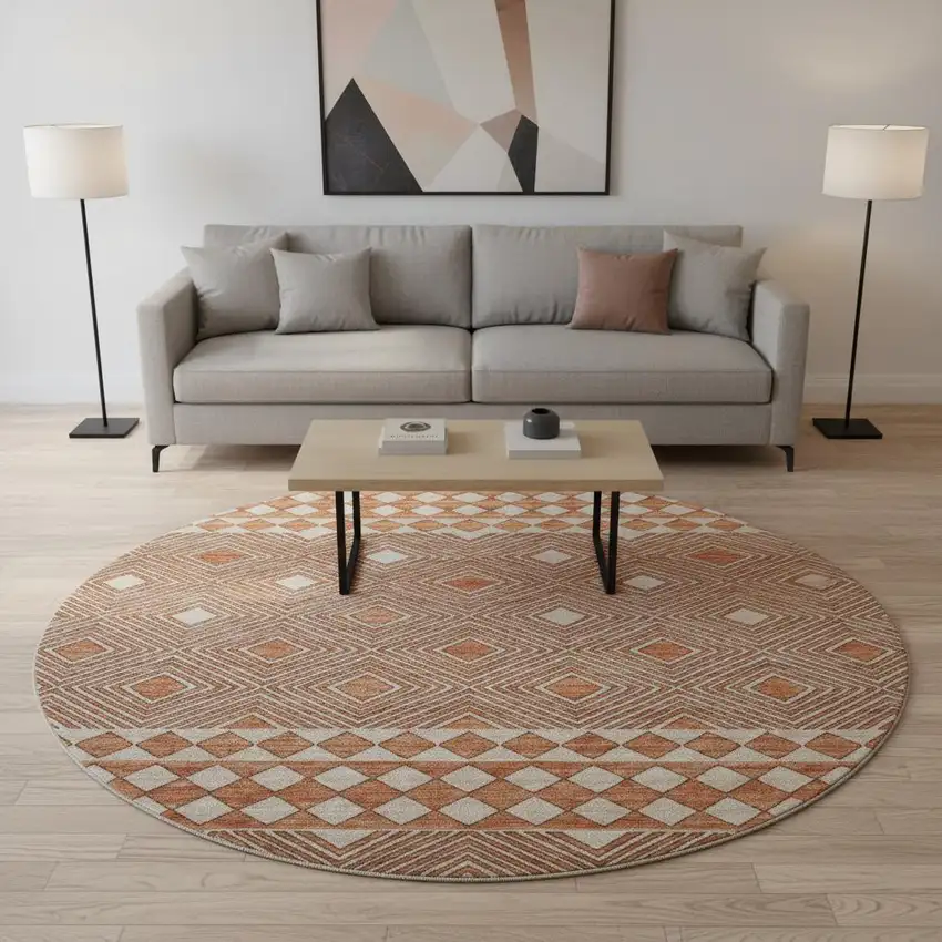 8' Burnt Sienna And Ivory Geometric Washable Round Rug With UV Protection Photo 1