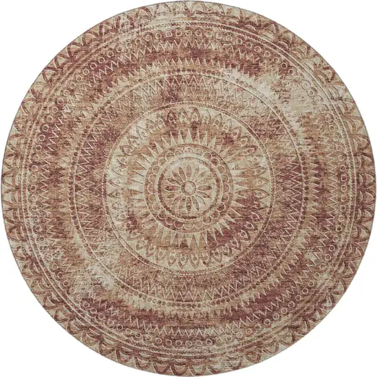 8' Burnt Sienna And Ivory Medallion Washable Round Rug With UV Protection Photo 4