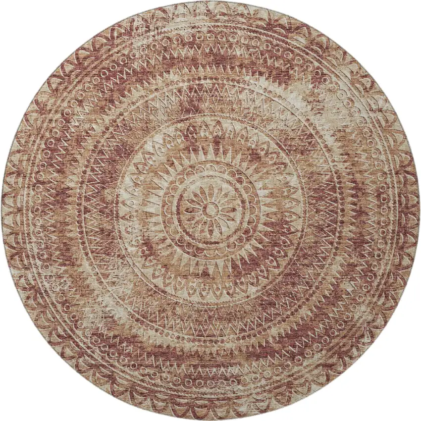 8' Burnt Sienna And Ivory Medallion Washable Round Rug With UV Protection Photo 4