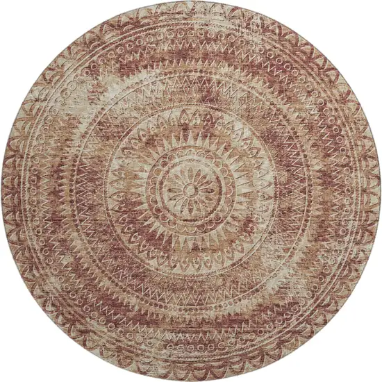 8' Burnt Sienna And Ivory Medallion Washable Round Rug With UV Protection Photo 2
