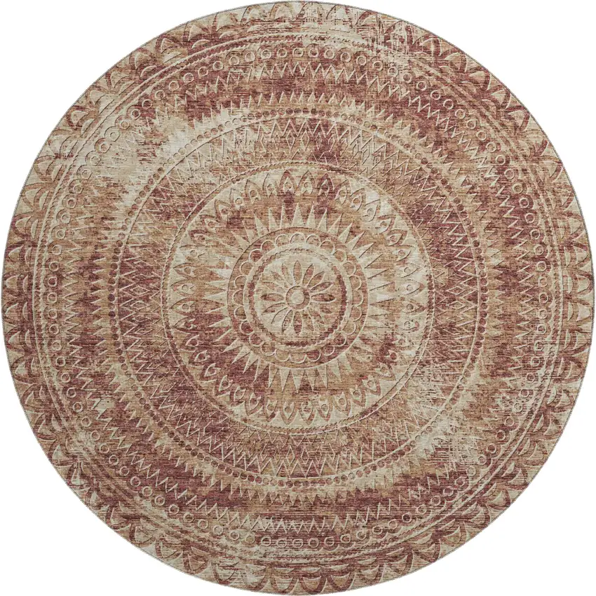 8' Burnt Sienna And Ivory Medallion Washable Round Rug With UV Protection Photo 2