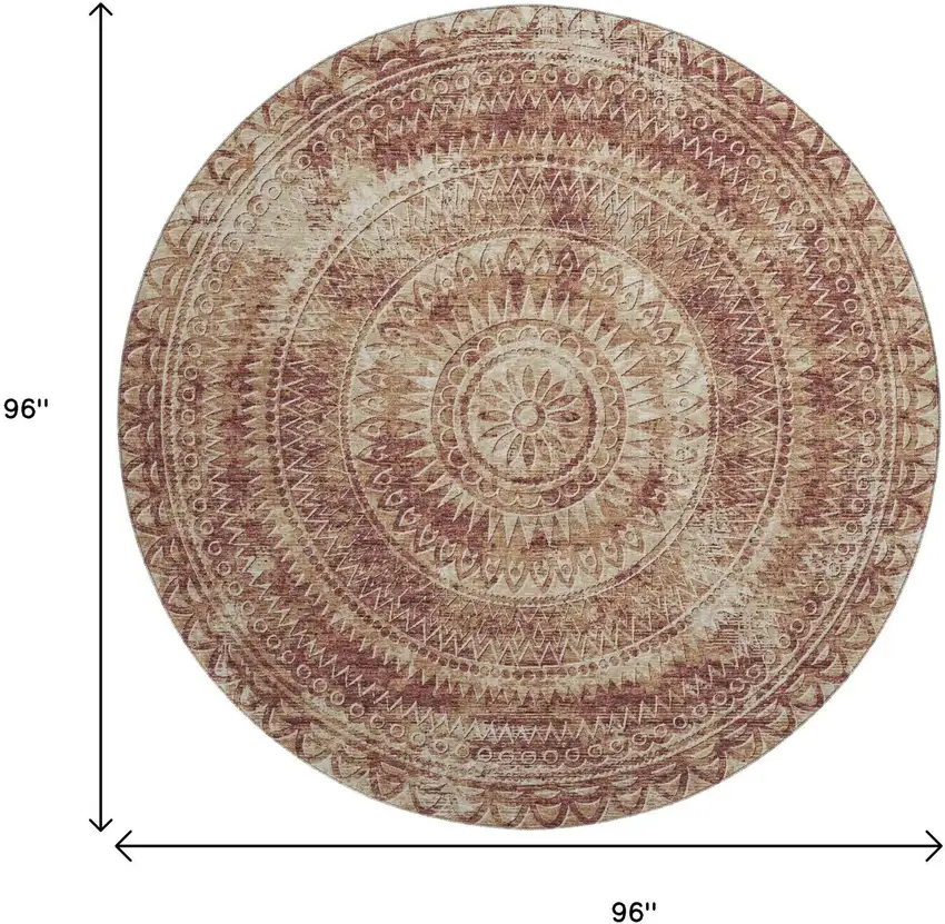 8' Burnt Sienna And Ivory Medallion Washable Round Rug With UV Protection Photo 3