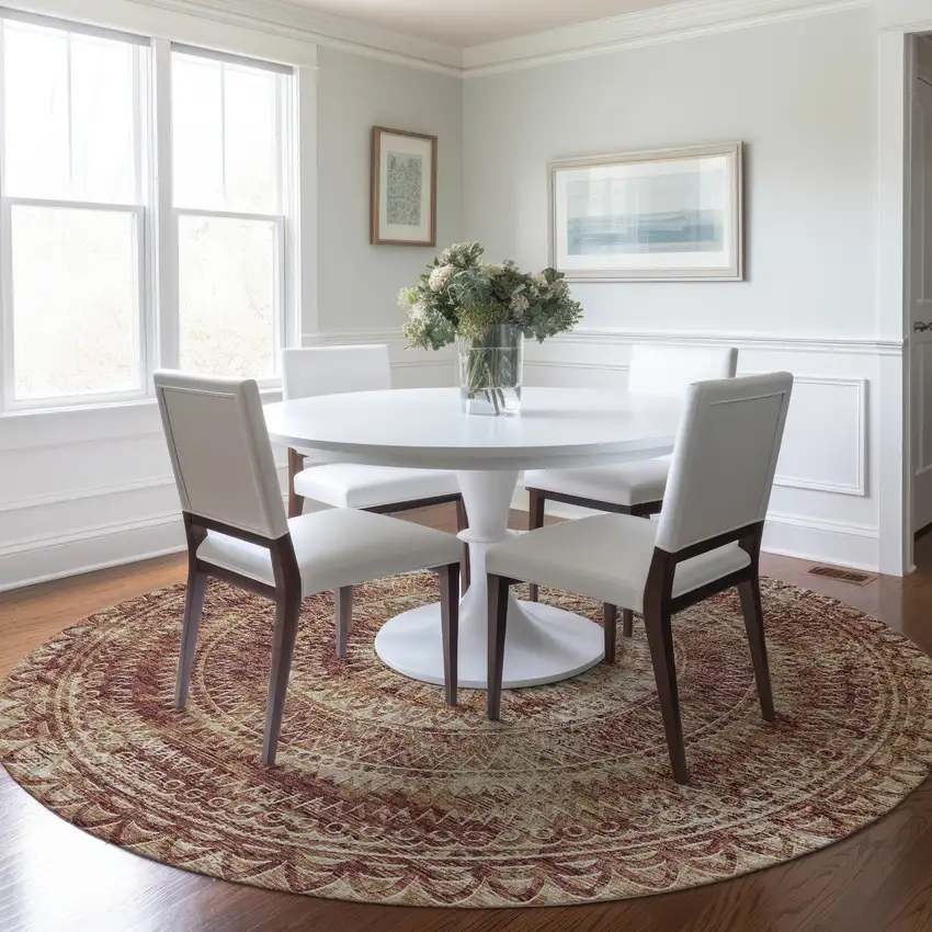 8' Burnt Sienna And Ivory Medallion Washable Round Rug With UV Protection Photo 5