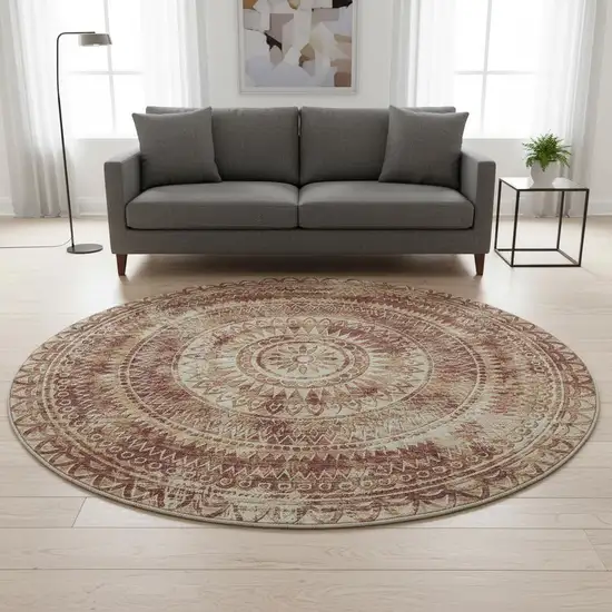 8' Burnt Sienna And Ivory Medallion Washable Round Rug With UV Protection Photo 1