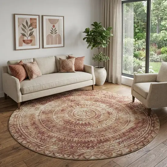 8' Burnt Sienna And Ivory Medallion Washable Round Rug With UV Protection Photo 1
