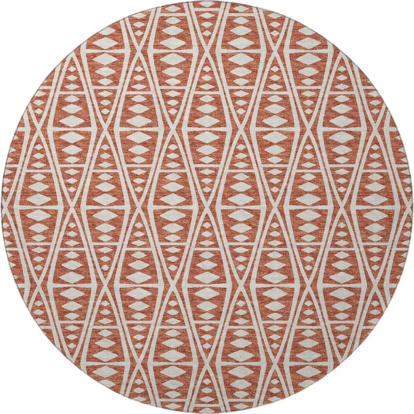 8' Burnt Sienna And Ivory Tribal Washable Round Rug With UV Protection Photo 4