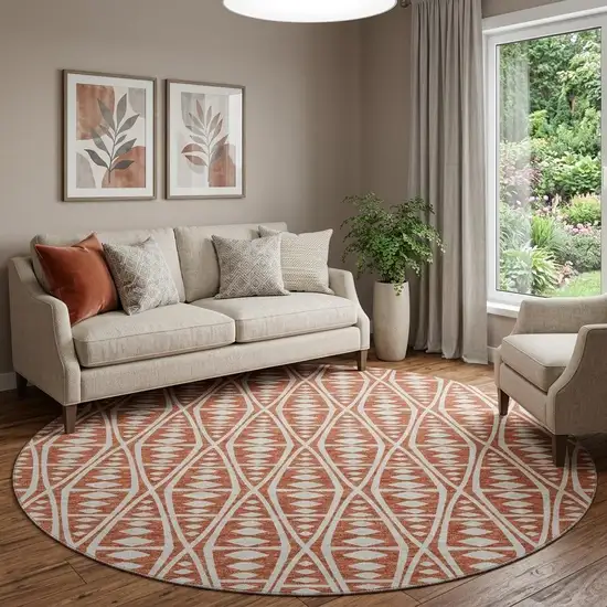 8' Burnt Sienna And Ivory Tribal Washable Round Rug With UV Protection Photo 1