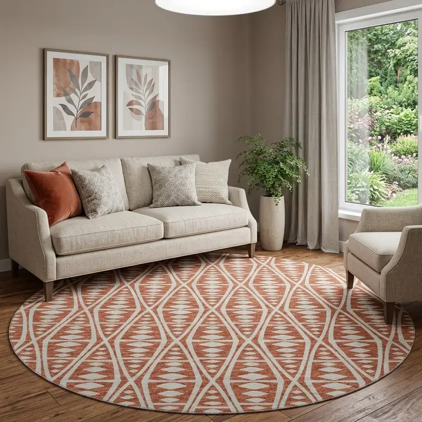 8' Burnt Sienna And Ivory Tribal Washable Round Rug With UV Protection Photo 1
