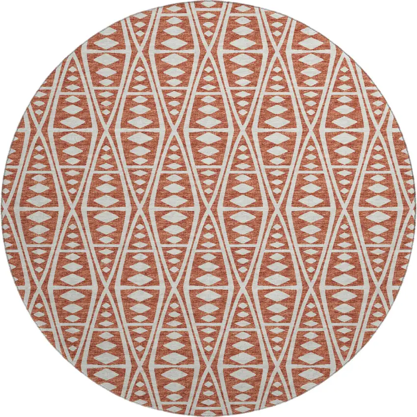 8' Burnt Sienna And Ivory Tribal Washable Round Rug With UV Protection Photo 2
