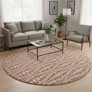 Photo of 8' Burnt Sienna And Ivory Tribal Washable Round Rug With UV Protection