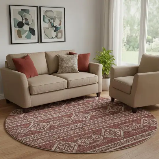 8' Burnt Sienna And Ivory Tribal Washable Round Rug With UV Protection Photo 1