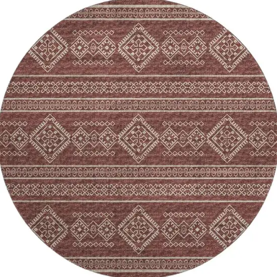 8' Burnt Sienna And Ivory Tribal Washable Round Rug With UV Protection Photo 4
