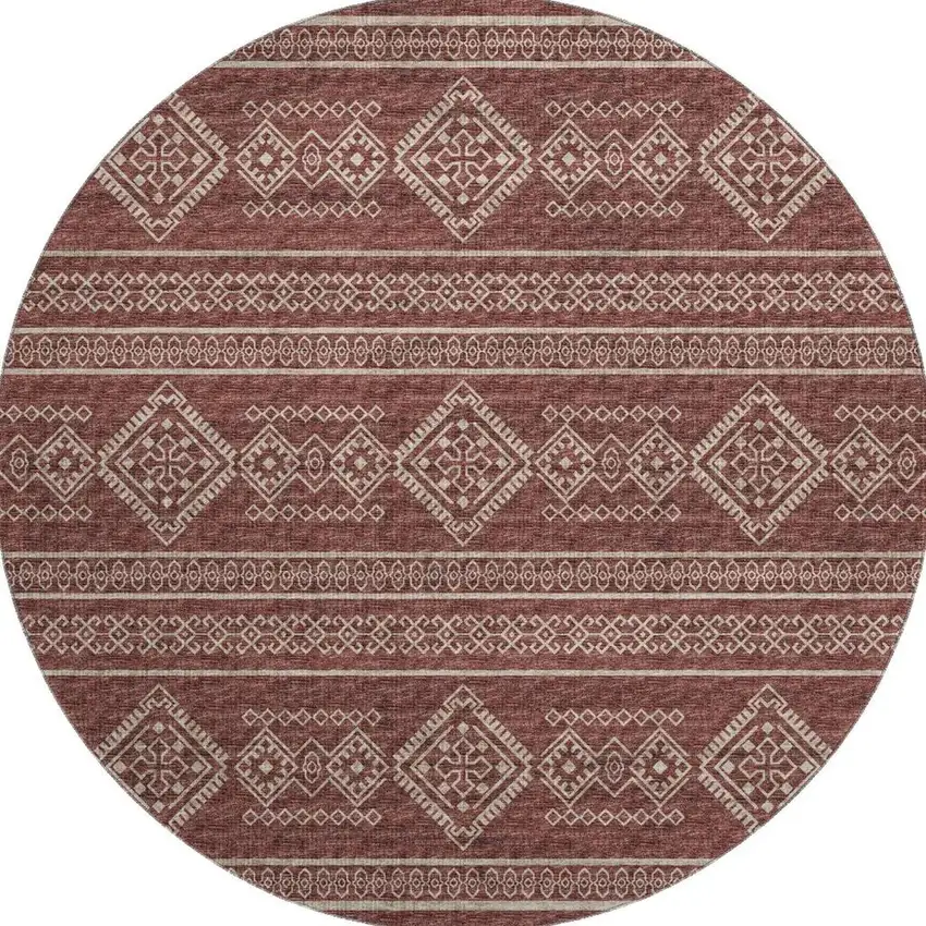 8' Burnt Sienna And Ivory Tribal Washable Round Rug With UV Protection Photo 4