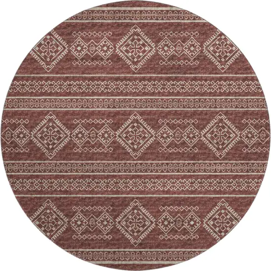 8' Burnt Sienna And Ivory Tribal Washable Round Rug With UV Protection Photo 2