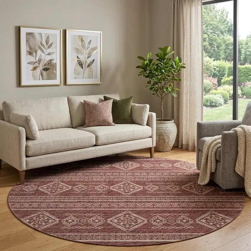 8' Burnt Sienna And Ivory Tribal Distressed Washable Round Rug With UV Protection Photo 1