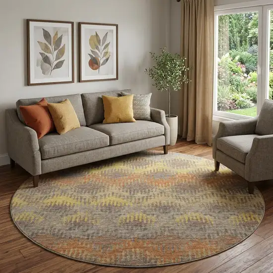 8' Burnt Sienna Gold And Gray Abstract Distressed Washable Round Rug With UV Protection Photo 1