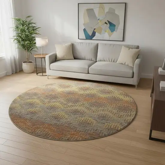 8' Burnt Sienna Gold And Gray Abstract Washable Round Rug With UV Protection Photo 1