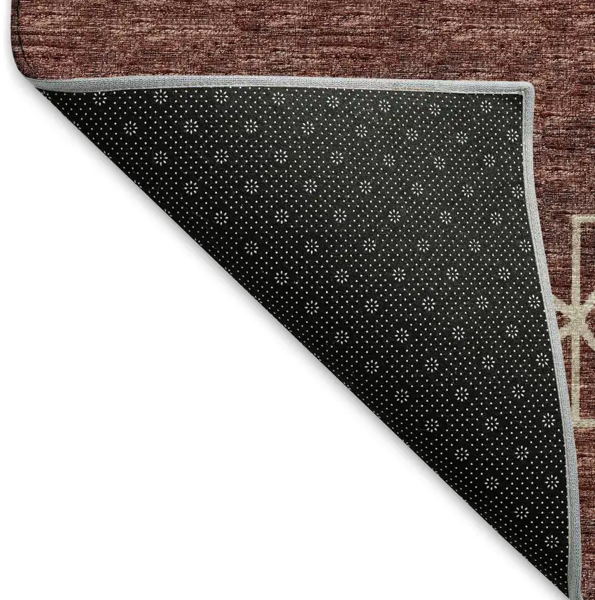 8' Burnt Sienna Ivory And Black Tribal Washable Round Rug With UV Protection Photo 6