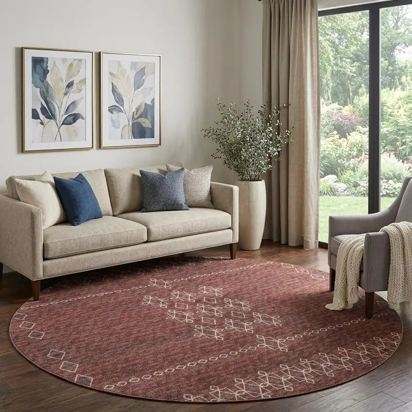 8' Burnt Sienna Ivory And Black Tribal Washable Round Rug With UV Protection Photo 1