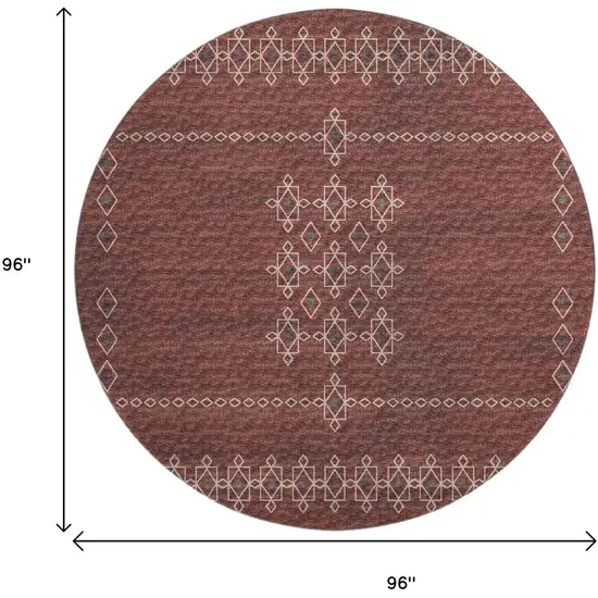 8' Burnt Sienna Ivory And Black Tribal Washable Round Rug With UV Protection Photo 3