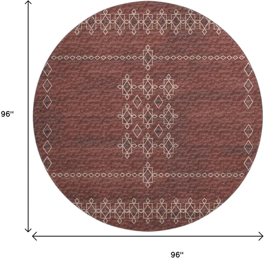 8' Burnt Sienna Ivory And Black Tribal Washable Round Rug With UV Protection Photo 3