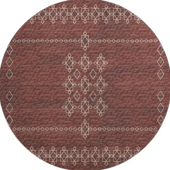 8' Burnt Sienna Ivory And Black Tribal Washable Round Rug With UV Protection Photo 4