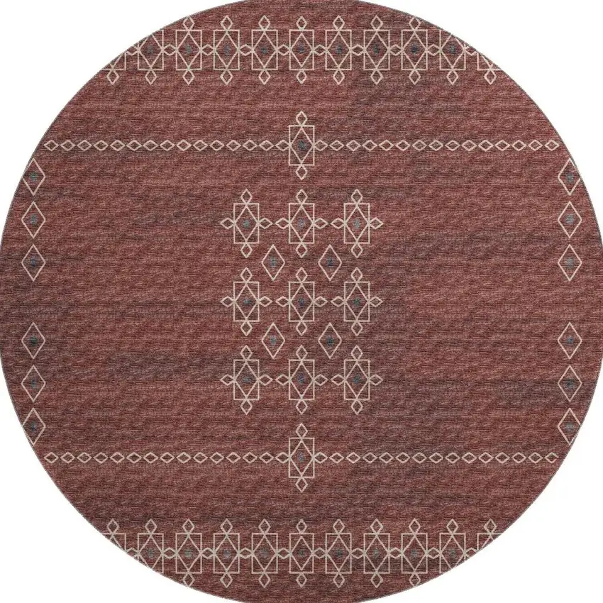 8' Burnt Sienna Ivory And Black Tribal Washable Round Rug With UV Protection Photo 4