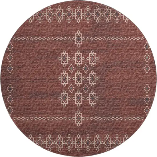 8' Burnt Sienna Ivory And Black Tribal Washable Round Rug With UV Protection Photo 2